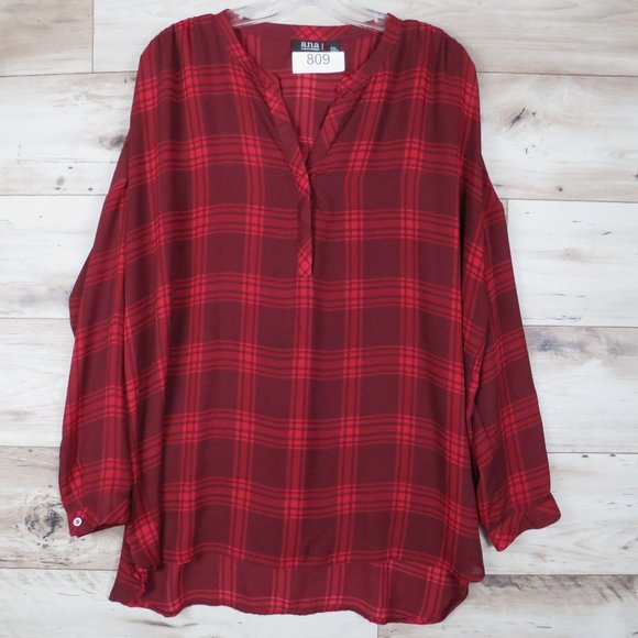 ANA*‎ Women's Long Sleeve 1/4 Button Down High/Low Curved Hem Sheer Blouse~ PXL - Picture 1 of 14